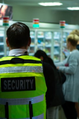 An airport security officer standing to the side observing airport guests.