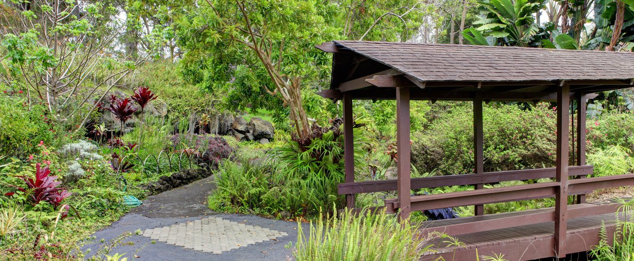 Covered walking bridge at the Kula Botanical Gardens
