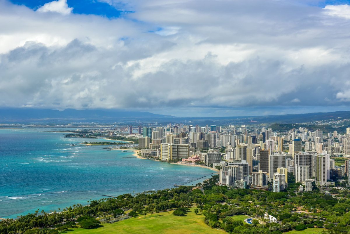Aerial view of Honolulu and Oahu coastline