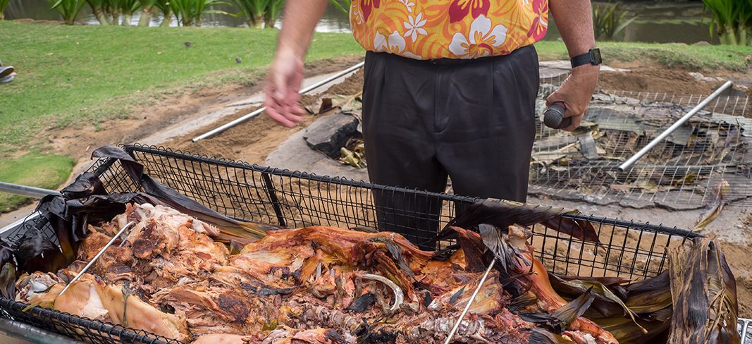Pig freshly removed from underground pit. Kailua style pig is a staple of the luau.