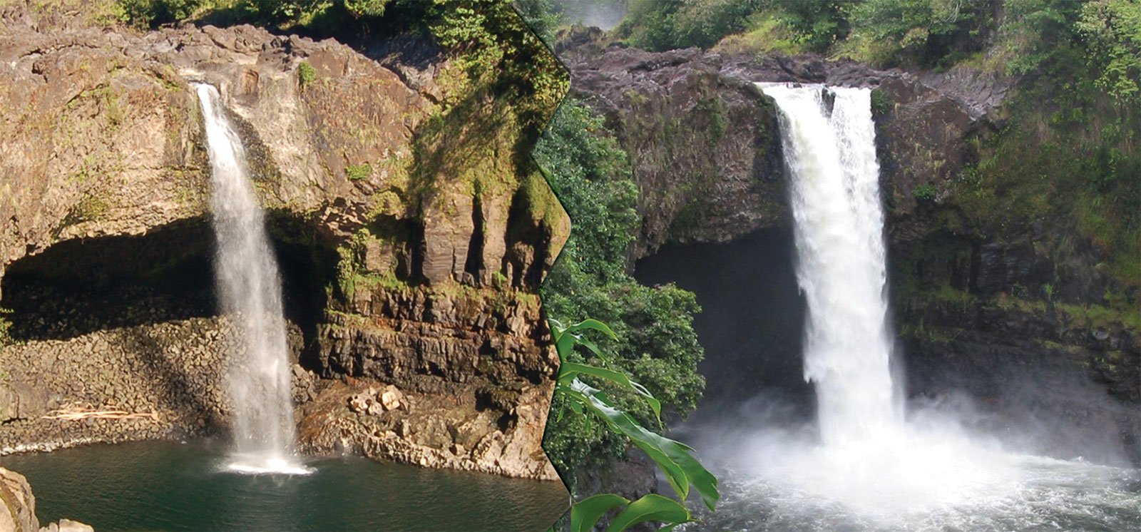 Big Island's Rainbow Falls in summer (left) and winter (right) - due to seasonal rainfall differences.