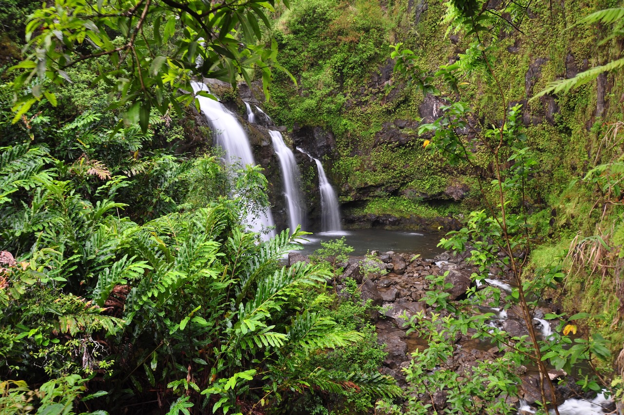 Upper Waikani (Three Bears) Falls with pool, Hāna Highway